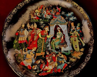Machen Sie ein ANGEBOT! Vintage Russische Legenden Teller #3 Goldener Hahn Palekh Kunstporzellan (1989) (COA)