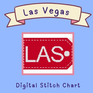 Könnte beinhalten: Digitales Stichmuster mit einem roten Etikett-Design mit den weißen Buchstaben "LAS", darüber steht "Las Vegas" auf einem Banner. Geeignet für Nadelmalerei oder Kreuzstich.