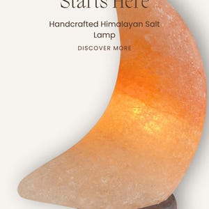 May include: A crescent moon-shaped Himalayan salt lamp with a textured orange surface on a dark wooden base. Text reads: Your Evening Glow Starts Here, Handcrafted Himalayan Salt Lamp, DISCOVER MORE, and Made2Glow Gifts.