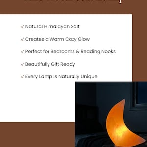 May include: A crescent moon-shaped Himalayan salt lamp with a warm orange glow on a dark surface. The text reads: 5 Reasons You'll Love This Moon Salt Lamp, Natural Himalayan Salt, Creates a Warm Cozy Glow, Perfect for Bedrooms & Reading Nooks, Beautifully Gift Ready, Every Lamp Is Naturally Unique, MADE2GLOW GIFTS.