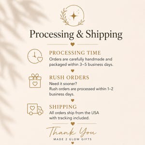 May include: A beige informational graphic with gold text and icons. The header reads Processing & Shipping. Sections include Processing Time, Rush Orders, and Shipping with corresponding clock, gift, and truck icons. Ends with Thank You MADE 2 GLOW GIFTS.