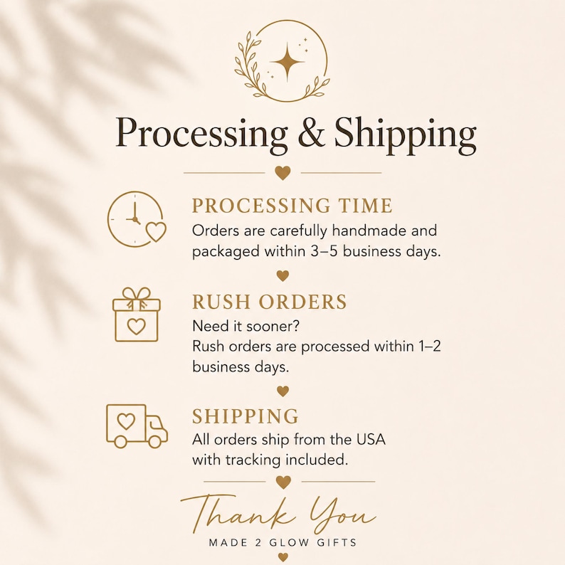 May include: A beige informational graphic with gold text and icons. The header reads Processing & Shipping. Sections include Processing Time, Rush Orders, and Shipping with corresponding clock, gift, and truck icons. Ends with Thank You MADE 2 GLOW GIFTS.