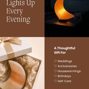 May include: A crescent moon-shaped salt lamp with a warm orange glow, resting on a dark wooden base. The lamp is presented in a white gift box with crinkled paper filler. Text on the image reads: A Gift That Lights Up Every Evening, A Thoughtful Gift For Weddings, Anniversaries, Housewarmings, Birthdays, Self-Care, and MADE2GLOW GIFTS.