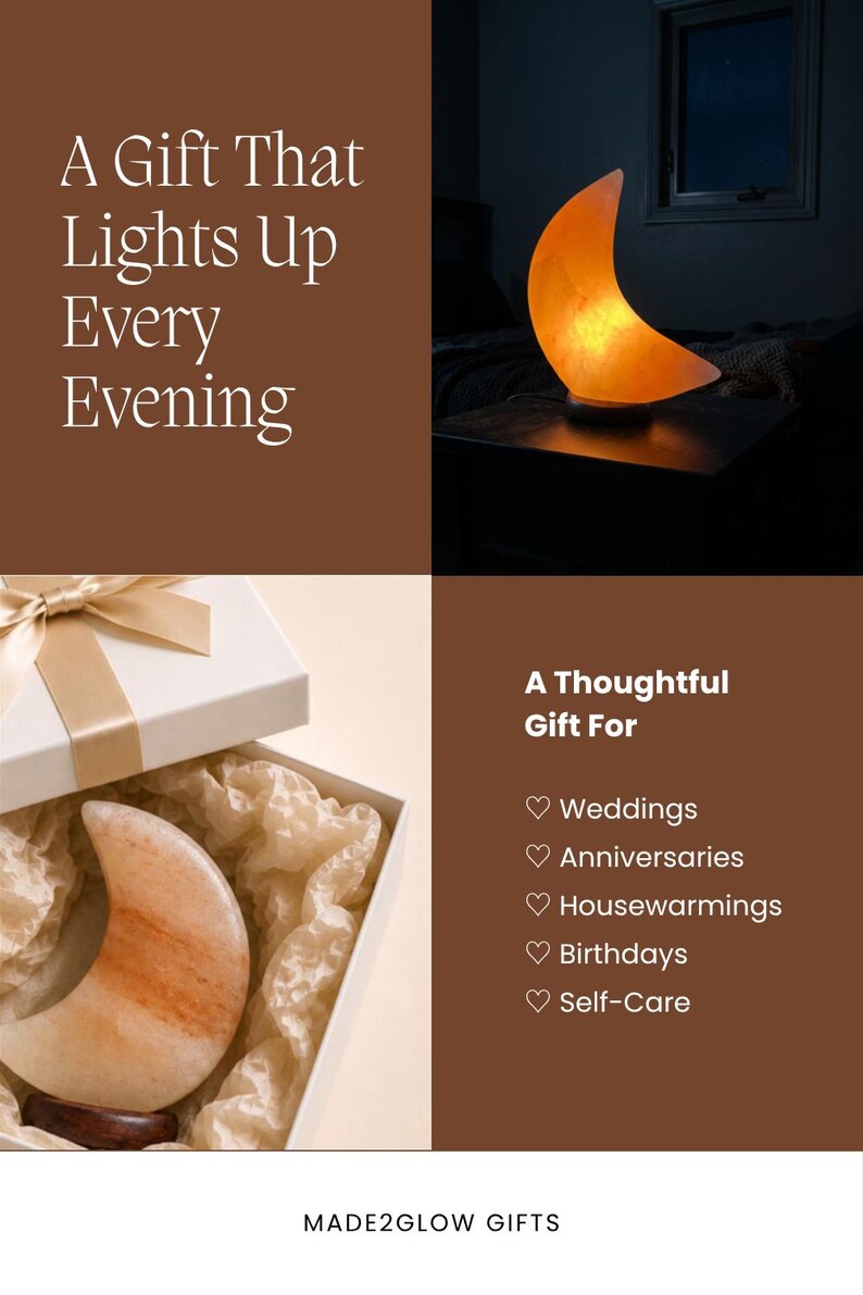 May include: A crescent moon-shaped salt lamp with a warm orange glow, resting on a dark wooden base. The lamp is presented in a white gift box with crinkled paper filler. Text on the image reads: A Gift That Lights Up Every Evening, A Thoughtful Gift For Weddings, Anniversaries, Housewarmings, Birthdays, Self-Care, and MADE2GLOW GIFTS.