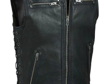Black Leather Motorcycle Vest Men Biker Waistcoat Riding Gear Custom Fit Minimal