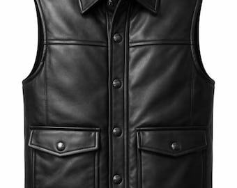 Herr Svart Läderväst Knapp Fram Ärmlös Bikerjacka Avslappnad Stil