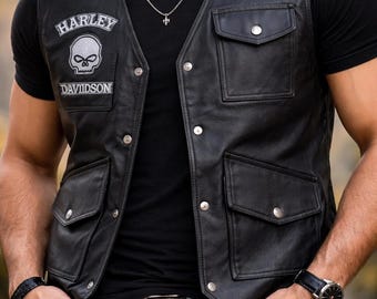 Harley Style Leather Vest Men | Black Biker Waistcoat | Motorcycle Riding Vest with Pockets
