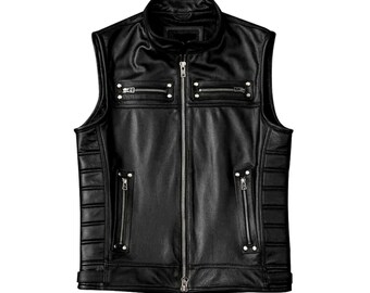 Chaleco de cuero negro para hombre, estilo motero, con botones a presión.