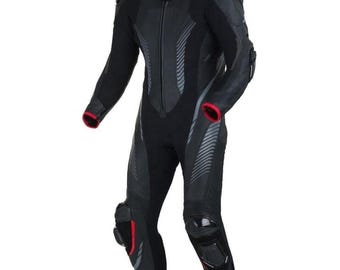 Traje de motociclista negro para hombre, de cuero, para carreras de motos, equipo de protección para motociclistas.