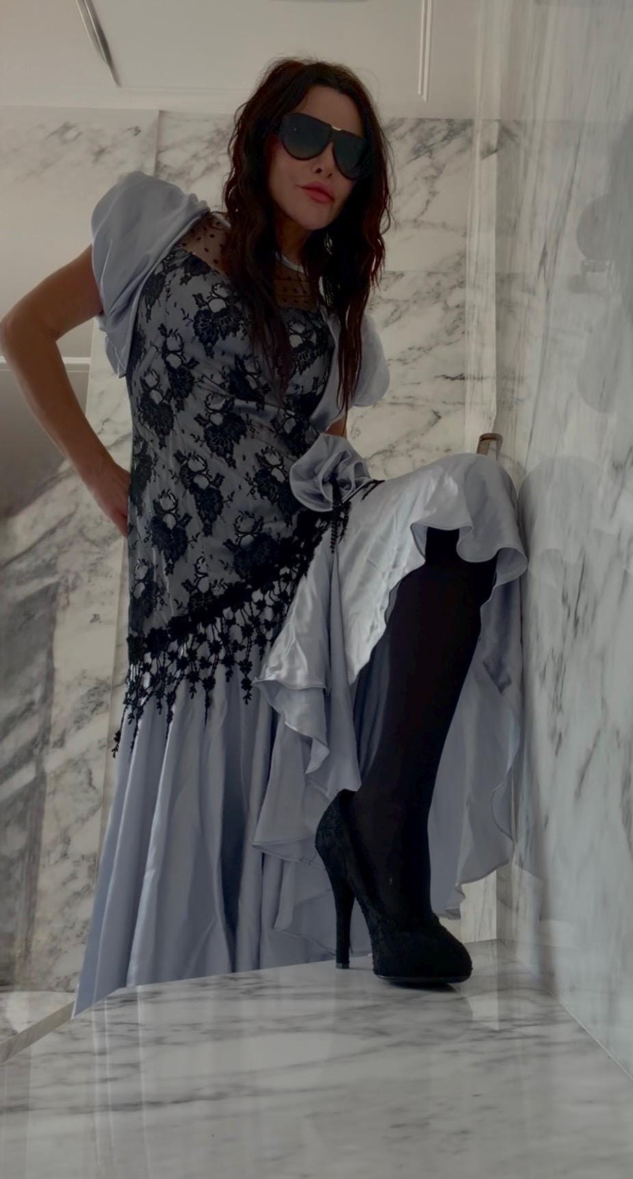 Vintage Gray Satin Lace Dress