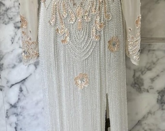 Alyce Designs Long Sleeve Evening Prom Sequin Embroidered  White Dress  Size 10