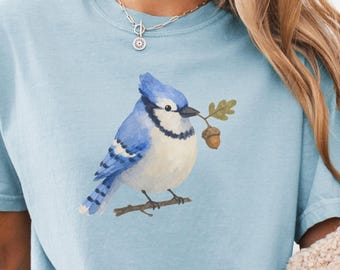 Watercolor Bird With Flower T-Shirt, Vintage Style Blue Jay Graphic Tee, Soft Nature Lover Gift, Spring Aesthetic Shirt, Comfort Colors®