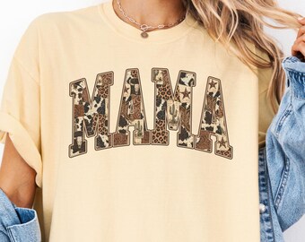 Comfort Colors® Western Patchwork Mama Shirt, Kuhfell Leopard Mama T-Shirt, Country Mom Shirt für Sie
