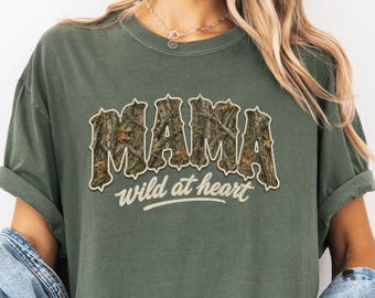 Comfort Colors® Mama Wild At Heart Shirt, Distressed Tree Camo Mama T-Shirt, Western Bubble Font Mom Shirt