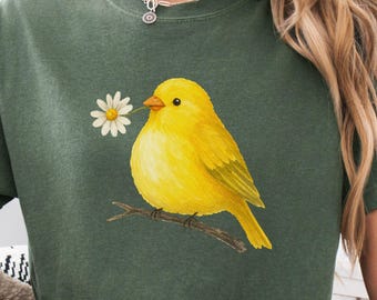 Watercolor Bird With Flower T-Shirt, Vintage Style Canary Graphic Tee, Soft Nature Lover Gift, Spring Aesthetic Shirt, Comfort Colors®