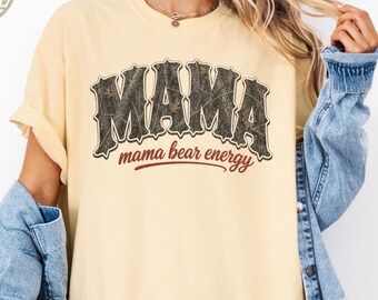 Comfort Colors® Mama Bear Energy Shirt, Distressed Dark Camo Mom T-Shirt, Western Bubble Font Mama Shirt