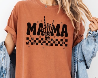 Comfort Colors® Mama Skelett Hand Shirt, Retro Bubble Halloween Varsity T-Shirt, lustiges Herbst Mama T-Shirt Geschenk