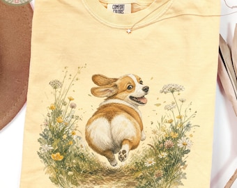 Comfort Colors® Corgi Watercolor Shirt, Vintage Running Corgi Illustration Tee, Dog Lover Meadow Gift