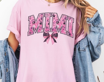 Comfort Colors® Mimi Halloween Shirt, Rosa Muster Varsity Bow Tee, süßes Oma Herbst T-Shirt Geschenk