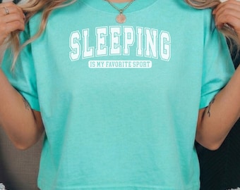 Sleeping Is My Favorite Sport Crop Top, Funny Varsity Tee, Sarcastic Back to School Gift, Comfort Colors®  3023