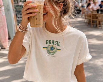 Comfort Colors® 3023 Brazil Crop Top, World Cup 2026 Brasil Cropped Tee for Women, Vintage Collegiate Soccer T-Shirt