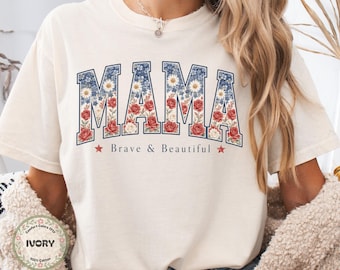 Comfort Colors Floral Mama Shirt, 4th of July, Patriotic Tee, USA 250th Anniversary, Gift for Women