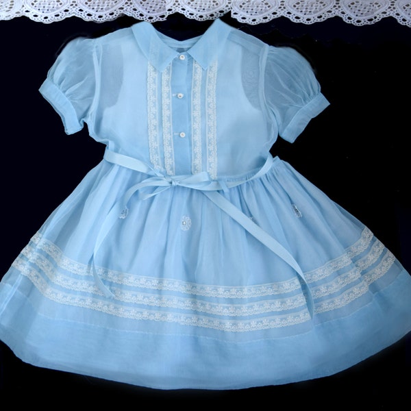 Vintage Girls Blue Dress, Retro Rhinestone Buttons, Vintage 50's Dressy Dress, Sheer Nylon, Size 5 6, Embroidery Appliques, Ribbon & Lace