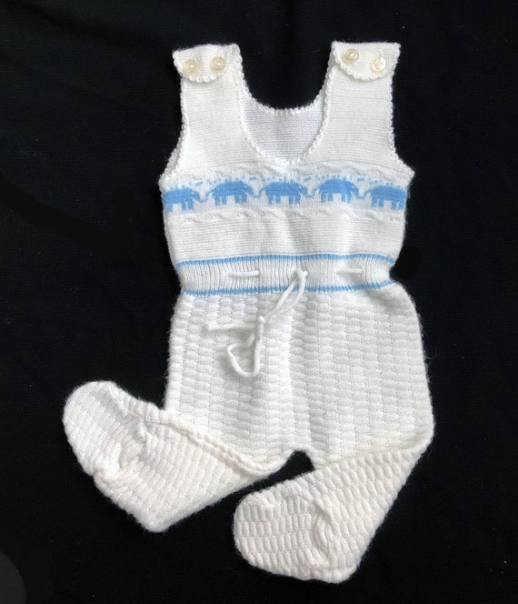 White Blue Sweater Knit Romper Overalls Newborn 0 3 Months One Piece Vintage 70s Clothes