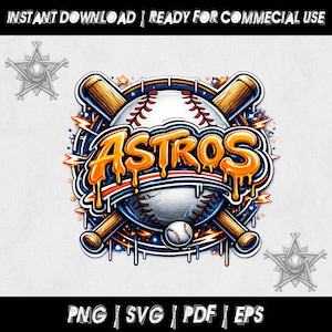 May include: A digital graphic featuring a baseball with the word "ASTROS" in orange and yellow, surrounded by crossed baseball bats. The design includes blue and white accents, stars, and the text "INSTANT DOWNLOAD | READY FOR COMMECIAL USE" and file type options.