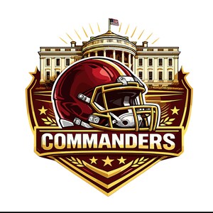 May include: A graphic illustration featuring a burgundy football helmet with a gold face mask centred over a shield emblem. The White House is depicted in the background with an American flag. The text COMMANDERS is displayed in bold white letters.