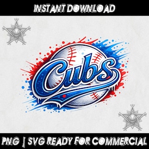 Puede incluir: Gráfico con temática de béisbol con la palabra "Cubs" en escritura azul sobre una pelota de béisbol. Salpicaduras de pintura roja y azul rodean la pelota. También está presente el texto "INSTANT DOWNLOAD" y "PNG | SVG READY FOR COMMERCIAL".