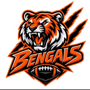 Pode incluir: Uma ilustração gráfica de uma cabeça de tigre a rosnar com pelo laranja, preto e branco, posicionada sobre a palavra BENGALS em letras laranja a negrito, com um ícone de bola de futebol estilizado por baixo e marcas de garras pretas.
