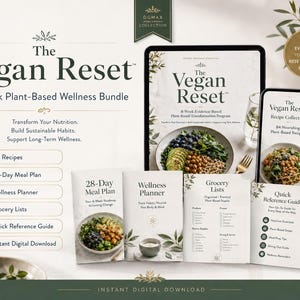 Può includere: Il pacchetto benessere vegetale di 8 settimane The Vegan Reset include un tablet e uno smartphone con raccolte di ricette, insieme a opuscoli stampati per un piano alimentare di 28 giorni, un planner benessere, liste della spesa e una guida.