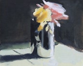 Flower Painting, Still life floral with Stainless Steel Cup, Oil on canvas panel, 8x10 inches, Modern Fine Art Wall Decor
