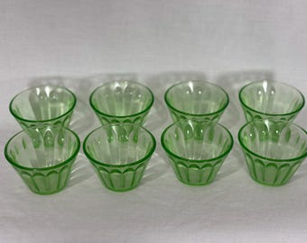 Set of 8 Vintage Hazel Atlas Green Uranium Depression Glass Dessert Custard Cups
