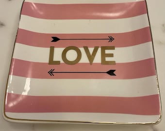 Valentine Pink striped Trinket Dish With Gold Love And black arrows