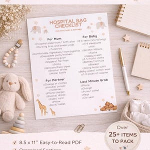 May include: A printable hospital bag checklist with sections for Mum, Baby, and Partner. The list includes essential items like clothing, toiletries, and snacks. The document is 8.5 x 11 inches and available on Etsy.