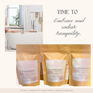 May include: The image shows several brown paper pouches of "The Focus Blend" from Lumina Studio, with text that reads "Rosemary & Tea Tree pills." The background features a person relaxing in a white bathtub near an open window.