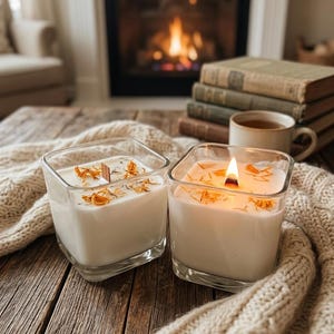 Può includere: Due candele quadrate in vetro con cera bianca e stoppini in legno, decorate con petali d'arancia essiccati. Una candela è accesa, emettendo un bagliore caldo. Le candele sono su una superficie di legno con una coperta di maglia color crema, con un camino sullo sfondo.