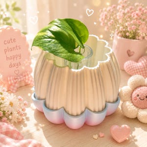 May include: A scalloped, cream-coloured planter with a gradient blue and pink base, containing a clear glass insert with a green plant. The planter features a vertical ribbed texture and a wide, open top, designed to hold small indoor plants.