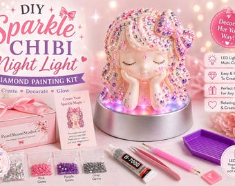 DIY Diamond Painting Chibi Girl Night Light Kit | Cute Decorate-It-Yourself Craft Gift | Handmade Sparkle Doll Desk Decor, LED Gift Set