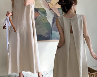 Linen Backless Long Summer Dress, Beige Sleeveless Maxi, Handmade Australia