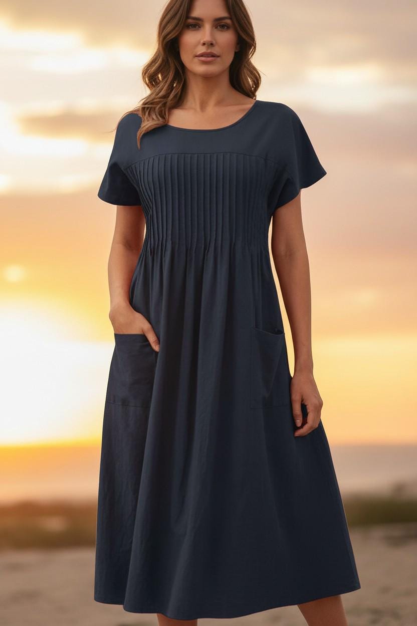 100 european linen short sleeve swing dress 100% European Linen Short Sleeve Swing Dress