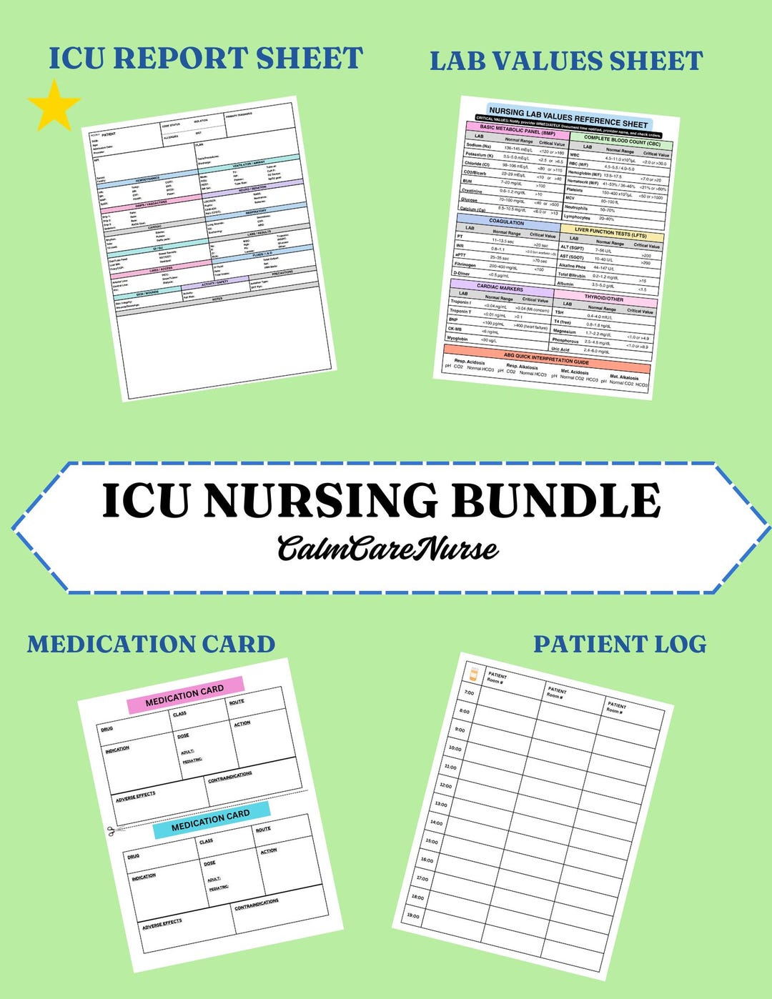 Icu Lab Tree ICU Nurse Bundle | Printable Report Sheet, Medication Cards, Lab Values ...