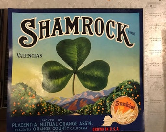 Original Vinatge 1940s Crate Label "Shamrock Valencia Sunkist Oranges" - Advertising New Old Stock