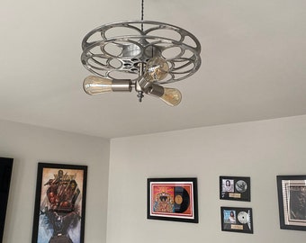 Repurposed Film Reel Pendant - Custom Lighting Industrial