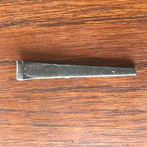 May include: A silver metal nail with a pointed tip and a flat head.