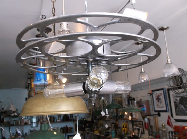 Industrial Lighting Design Repurposed Movie Film Reel Pendant Art Deco image 3