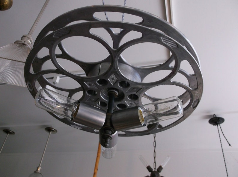 Industrial Lighting Design Repurposed Movie Film Reel Pendant Art Deco image 2