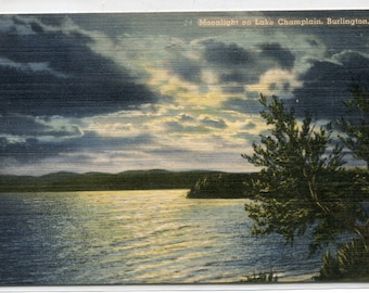 Lot of Five Vintage Linen Postcards Moonlight on Lake Champlain Burlington, Vermont